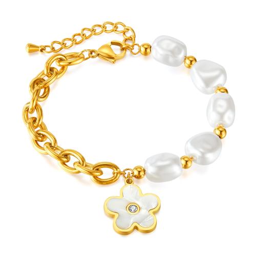 Stainless Steel Jewelry Bracelet 304 Stainless Steel with Pearl Oyster & Cubic Zirconia & Freshwater Pearl with 4cm extender chain Vacuum Ion Plating for woman Length 16.5 cm Sold By PC