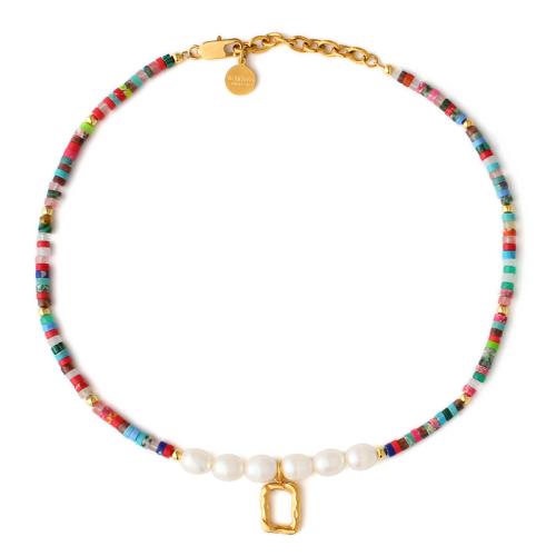 Partículas de acero collar, con Piedras preciosas & Perlas cultivadas de agua dulce, Patrón Geométrico, chapado en color dorado, Joyería & para mujer, longitud aproximado 16-20 Inch, Vendido por UD