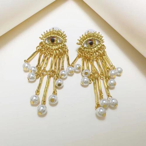 Fashion Fringe Oorbellen, Zinc Alloy, met Plastic Pearl, mode sieraden & voor vrouw, gouden, 77x25mm, Verkocht door pair