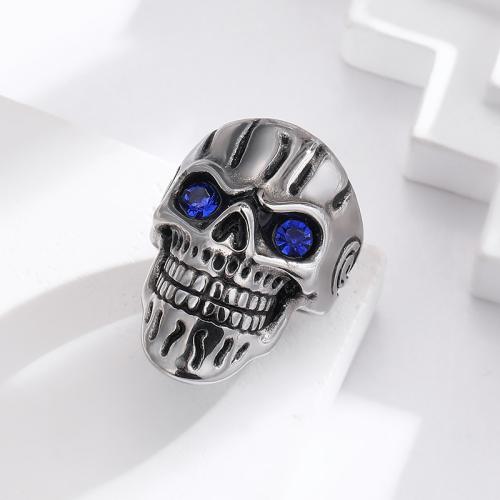 Titanium Steel Finger Ring Skull silver color plated for man & with rhinestone nickel lead & cadmium free Sold By PC