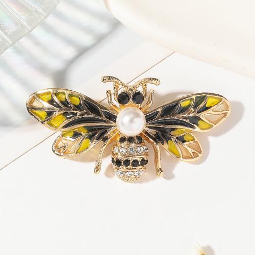 Zinc Alloy Brocher, med Plastic Pearl, Bee, guldfarve belagt, mode smykker & emalje & med rhinestone, blandede farver, nikkel, bly & cadmium fri, 56x29mm, Solgt af PC