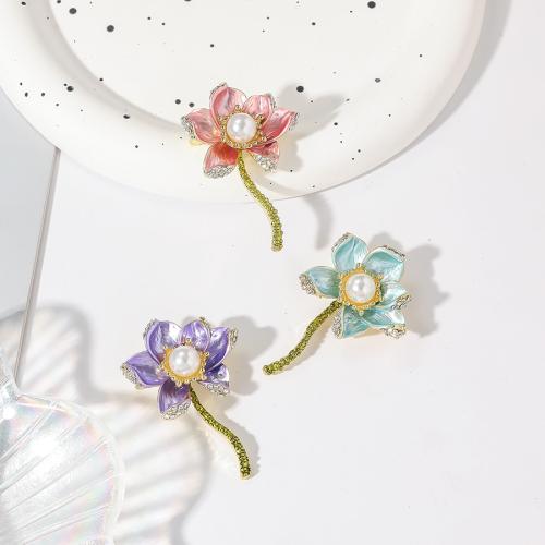 Zinc Alloy Brooches with Plastic Pearl Flower plated fashion jewelry & enamel & with rhinestone nickel lead & cadmium free Sold By PC