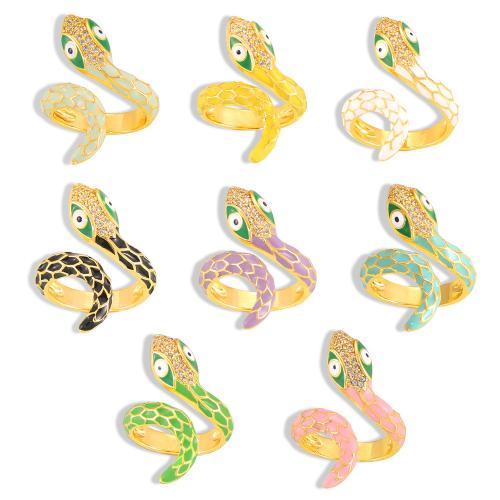 Messing fingerring, Snake, guldfarve belagt, for kvinde & emalje & med rhinestone, flere farver til valg, Størrelse:7, Solgt af PC