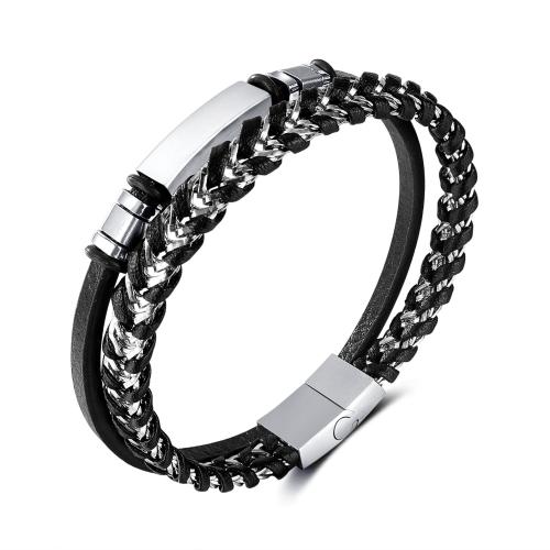 Edelstahl Schmuck Armband, 304 Edelstahl, mit Magnet & PU Leder, Doppelschicht & für den Menschen, schwarz, Länge 21 cm, verkauft von PC