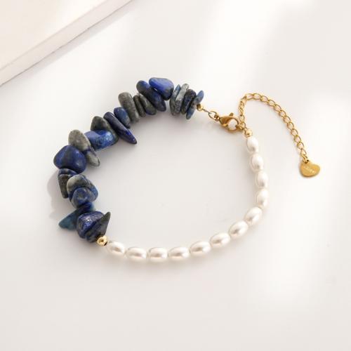 Edelsteen armbanden, Lapis Lazuli, met Plastic Pearl & 304 roestvrij staal, met 5cm extender keten, gold plated, mode sieraden, gemengde kleuren, Lengte 18 cm, Verkocht door PC