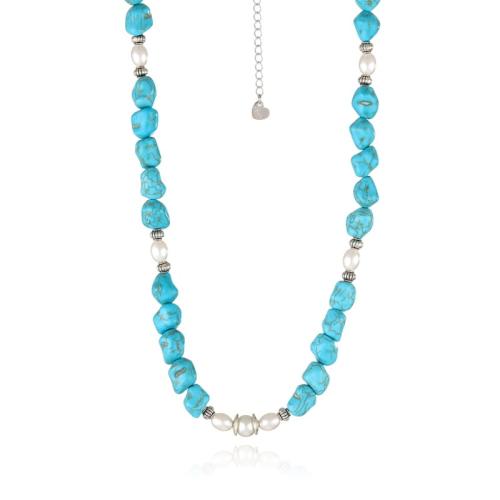 Fashion Turquoise Necklace with Plastic Pearl & Zinc Alloy with 5cm extender chain fashion jewelry blue Length 42 cm Sold By Pair