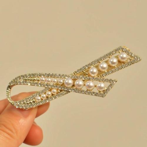 Alligator Hair Clip Zinc Alloy with Plastic Pearl & for woman & with rhinestone golden 70mm Sold By PC