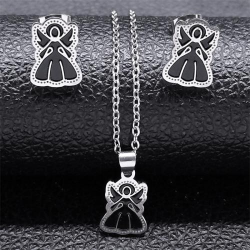 Fashion Stainless Steel Jewelry Sets Stud Earring & necklace 304 Stainless Steel 2 pieces & Unisex & enamel silver color Length Approx 50 cm Sold By Set