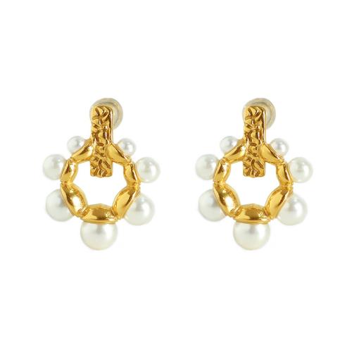 Roestvrij staal Stud Earrings, 304 roestvrij staal, met Plastic Pearl, mode sieraden & voor vrouw, gouden, 18x22mm, Verkocht door pair