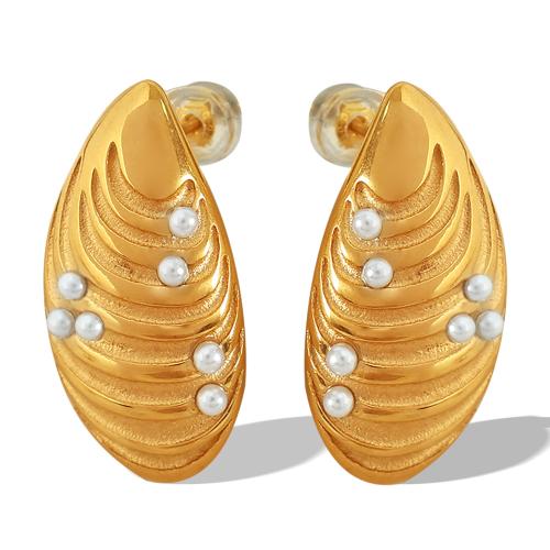 Roestvrij staal Stud Earrings, 304 roestvrij staal, met Plastic Pearl, Schelp, mode sieraden & voor vrouw, meer kleuren voor de keuze, 14x26mm, Verkocht door pair