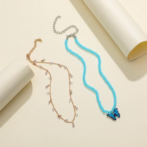 Collier de bijoux en alliage de zinc, avec cristal, avec 5cm chaînes de rallonge, Double couche & pour femme & émail, bleu, Longueur 32 cm, 35 cm, Vendu par PC