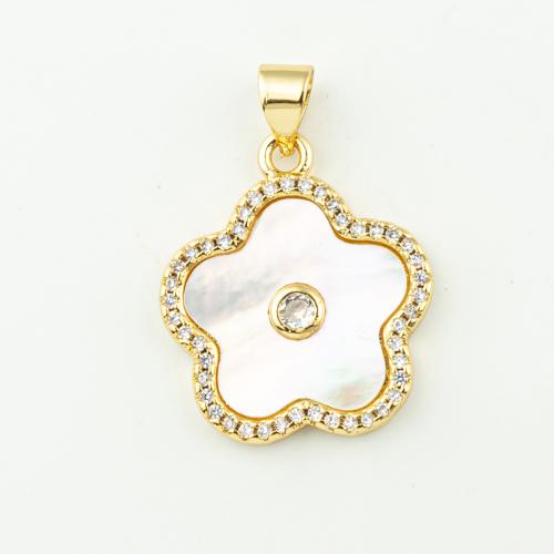 Cubique Pendentif en laiton zircon pavent, avec coquille, fleur, bijoux de mode & pavé de micro zircon & pour femme, doré, 25x18mm, 50PC/lot, Vendu par lot