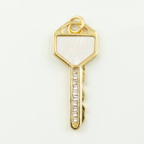 Messing hanger met micro-paved kubieke zirconia's, met Schelp, Sleutel, mode sieraden & micro pave zirconia & voor vrouw, gouden, 33x12mm, Gat:Ca 3mm, 50pC's/Lot, Verkocht door Lot