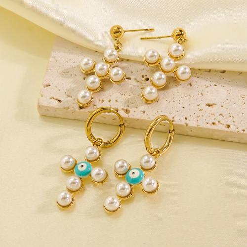 Boucle d’oreille goutte strass Hoop, Acier inoxydable 304, avec Shell Pearl, croix, Placage de couleur d'or, styles différents pour le choix & pour femme, plus de couleurs à choisir, Vendu par paire