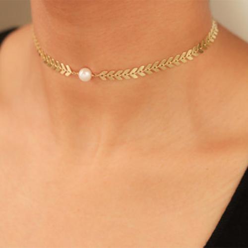 Mode Collier Choker, alliage de zinc, avec perle de plastique, Placage, pour femme, plus de couleurs à choisir, protéger l'environnement, sans nickel, plomb et cadmium, Longueur 34 cm, Vendu par PC