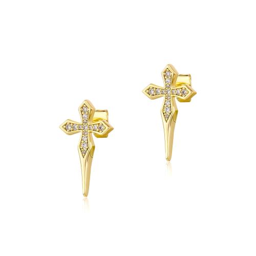 Mässing Stud Earring, Cross, guldfärg pläterade, Unisex & micro bana cubic zirconia, 13x22mm, Säljs av Par