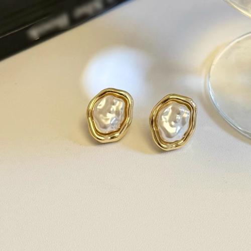 Messing Stud ørering, med Plastic Pearl, mode smykker & for kvinde, 15x19mm, Solgt af par