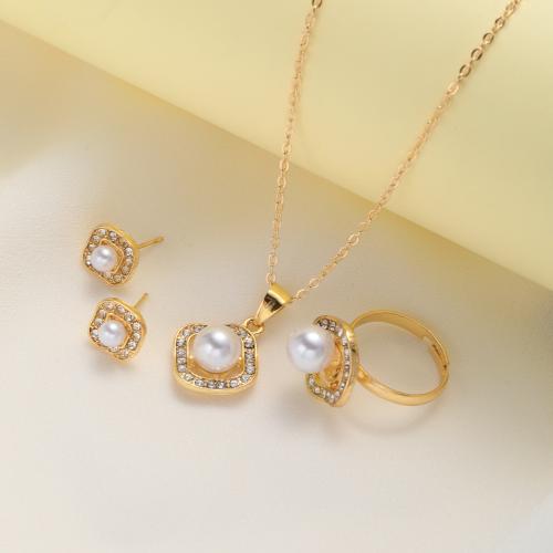 Zinc Alloy Jewelry Sets Stud Earring & finger ring & necklace with Plastic Pearl three pieces & for woman & with rhinestone gold Sold By Set