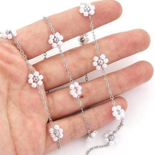 Edelstahl-Schmuck -Kette, 304 Edelstahl, mit Kunststoff Perlen, plattiert, DIY, keine, Pearl flowers 9mm, spacing 2.3CM, 2m/Tasche, verkauft von Tasche