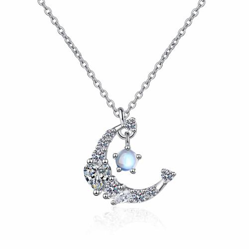 Cubic Zircon Micro Pave Brass Necklace, with Moonstone, plated, micro pave cubic zirconia & for woman, original color, Length Approx 41-50 cm, Sold By PC