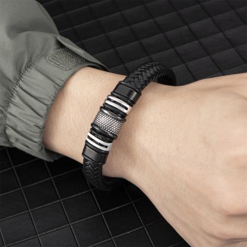 Bracelets cordon PU, Acier inoxydable 304, avec cuir PU, Placage, pour homme, noire, Longueur 21 cm, Vendu par PC