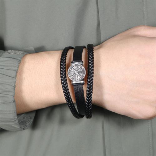 PU Leather Cord Bracelets Zinc Alloy with PU Leather & 304 Stainless Steel plated three layers & for man black nickel lead & cadmium free Length 21 cm Sold By PC