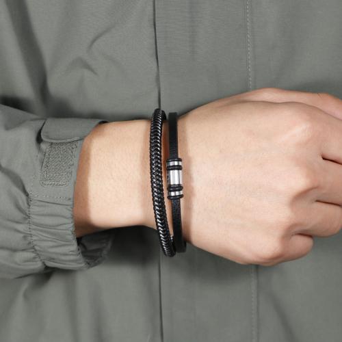 PU Leather Cord Bracelets 304 Stainless Steel with PU Leather & Tiger Tail Wire & Zinc Alloy plated Double Layer & for man black nickel lead & cadmium free Length 21 cm Sold By PC