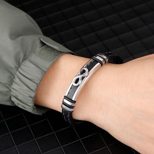 Lederen koord armband, 304 roestvrij staal, met Leer, plated, voor de mens, zwart, Lengte 21 cm, Verkocht door PC