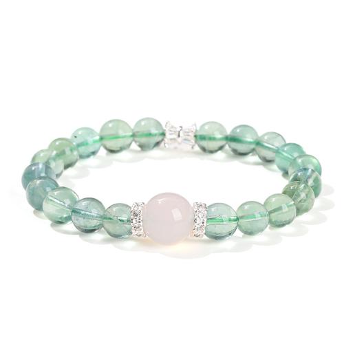 Bleu-Fluorite bracelet, avec agate blanche & laiton, Rond, fait à la main, style folk & pour femme, beads length 8mm, Longueur Environ 6 pouce, Vendu par PC