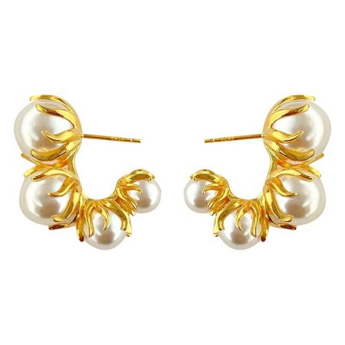 Messing oorbelknoppen, met Plastic Pearl, mode sieraden & voor vrouw, gouden, 30mm, Verkocht door pair