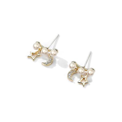 Pendientes de Micro Pavé de Zirconía Cúbica en Plata de Ley, Plata de ley 925, con Shell Pearl, Joyería & micro arcilla de zirconia cúbica & para mujer, 16x14mm, Vendido por Par