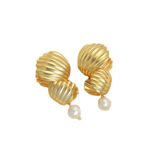 Brass Stud Earring with Freshwater Pearl Shell fashion jewelry & for woman golden Sold By Pair