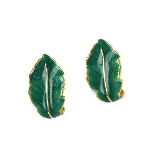 Brass Stud Earring Leaf 18K gold plated fashion jewelry & for woman & enamel green Sold By Pair