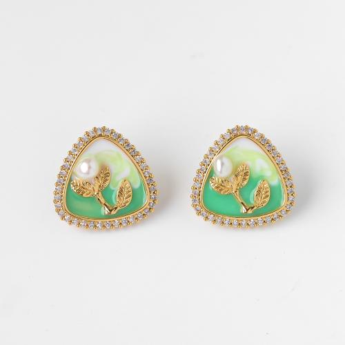 Brass Stud Earring with Freshwater Pearl 18K gold plated fashion jewelry & for woman & enamel & with rhinestone Sold By Pair