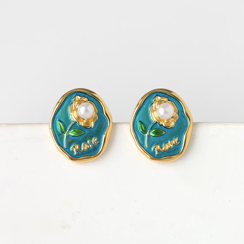 Brass Stud Earring with Freshwater Pearl 18K gold plated fashion jewelry & for woman & enamel Sold By Pair