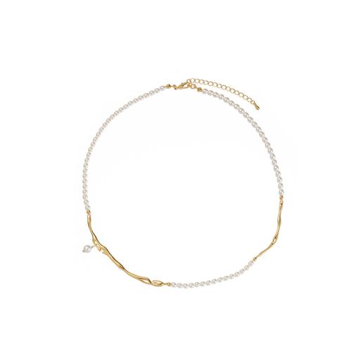 Collier de perles en plastique, perle de plastique, avec laiton, Plaqué or 18K, bijoux de mode & pour femme, blanc, Longueur Environ 31-40 cm, Vendu par PC