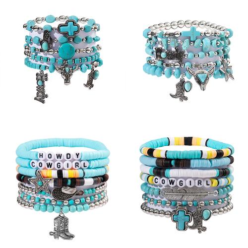 Turquoise Bracelet Set with Polymer Clay & Zinc Alloy & Acrylic multilayer & Bohemian style & for woman Length Approx 6.7 Inch Sold By Set