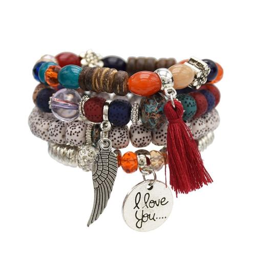 Kristal Armband-Set, met Hout & Hars & Zinc Alloy, handgemaakt, 4 stuks & Bohemien stijl & voor vrouw, meerkleurig, Lengte Ca 7 inch, Verkocht door Stel