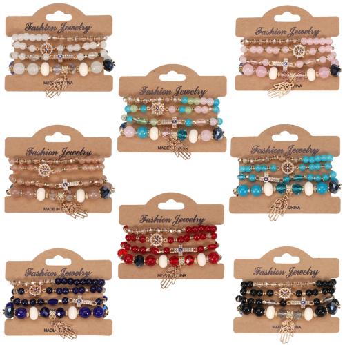 verre Set de bracelet, avec alliage de zinc, Placage de couleur d'or, 4 pièces & Style bohème & pour femme & avec strass, plus de couleurs à choisir, Longueur Environ 7 pouce, Vendu par fixé