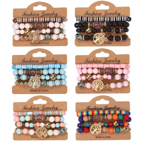 Acrylique Set de bracelet, avec argile de polymère & verre & alliage de zinc, Arbre de vie, 4 pièces & Style bohème & pour femme, plus de couleurs à choisir, Longueur Environ 7 pouce, Vendu par fixé