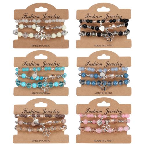 Glas Armband-Set, met Zinc Alloy & Acryl, Four Leaf Clover, drie stuks & Bohemien stijl & voor vrouw, meer kleuren voor de keuze, Lengte Ca 7 inch, Verkocht door Stel