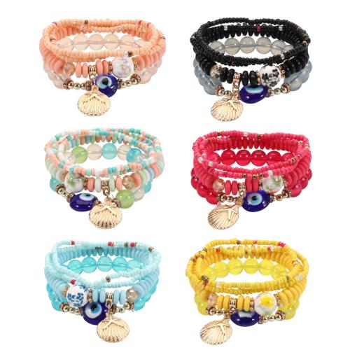 verre Set de bracelet, avec alliage de zinc & Acrylique, coquille, multicouche & Style bohème & motif de mauvais œil & pour femme, plus de couleurs à choisir, Longueur Environ 7 pouce, Vendu par fixé