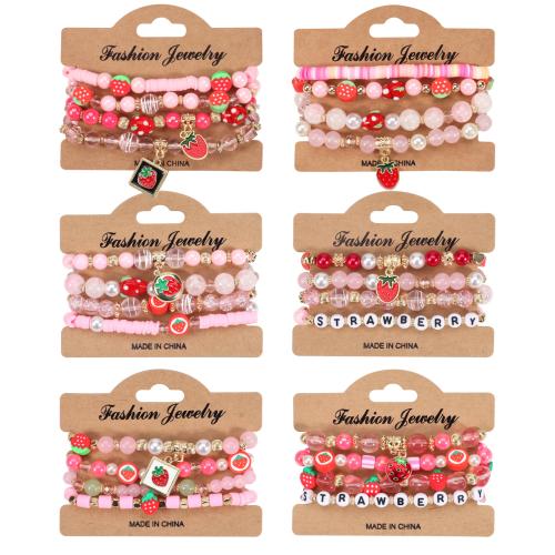 Glass Bracelet Set with Polymer Clay & Crystal & Lampwork & Resin & Zinc Alloy Strawberry multilayer & Bohemian style & for woman Length Approx 7 Inch Sold By Set