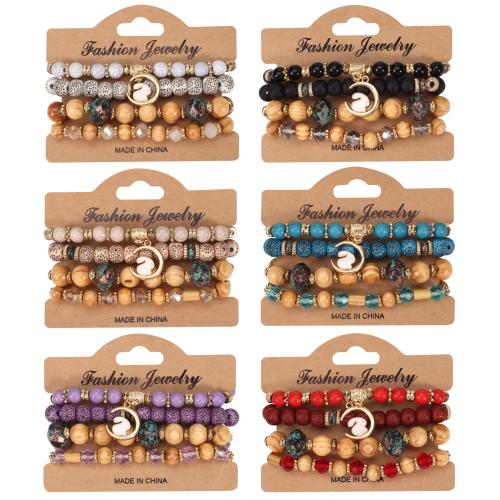 Glass Bracelet Set with Wood & Zinc Alloy Rabbit 4 pieces & Bohemian style & for woman Length Approx 7 Inch Sold By Set