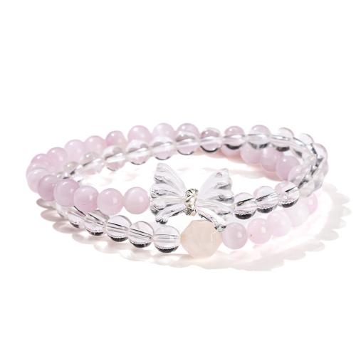 kunzite bracelet, avec quartz clair & laiton, papillon, fait à la main, Double couche & bijoux de mode & pour femme, beads length 6mm, Longueur Environ 6 pouce, Vendu par PC