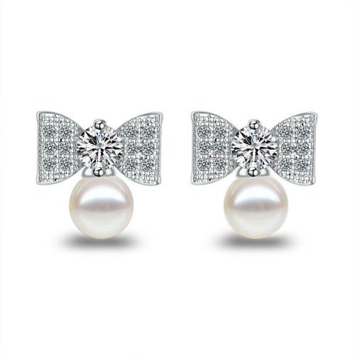 Kubinių Zirconia Mikro Pave Žalvario auskarai, Žalvarinis, su ABS plastikas pearl, Bižuterijos & mikro nutiesti kubinių Zirconia & moters, 11x12mm, Pardavė Pora