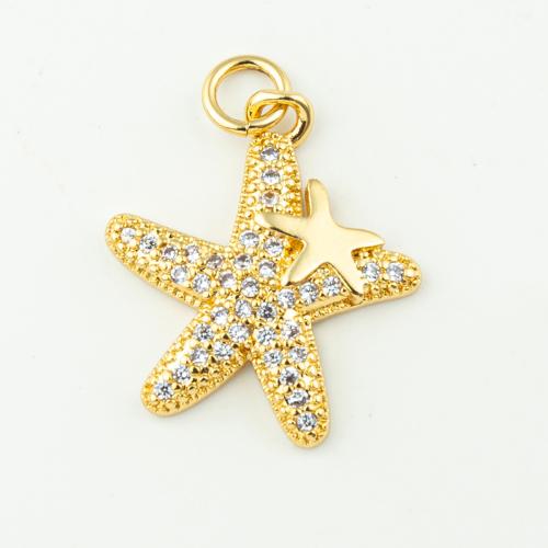 Terningformet Zirkon Micro Pave Messing vedhæng, Starfish, mode smykker & Micro Pave cubic zirconia & for kvinde, gylden, 22x17mm, Hole:Ca. 3mm, 50pc'er/Lot, Solgt af Lot