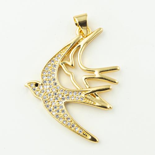 Terningformet Zirkon Micro Pave Messing vedhæng, Bird, mode smykker & Micro Pave cubic zirconia & for kvinde, gylden, 35x24mm, Hole:Ca. 3mm, 50pc'er/Lot, Solgt af Lot