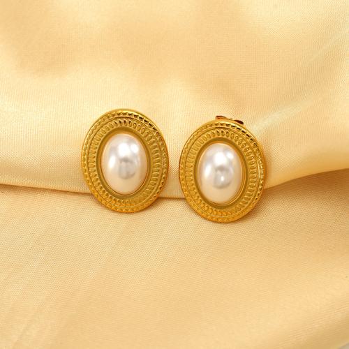 Titanium Steel  Earring with Plastic Pearl gold color plated for woman white Sold By Pair