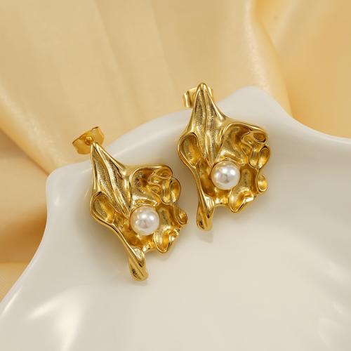 Titanium Steel  Earring with Plastic Pearl gold color plated for woman Sold By Pair